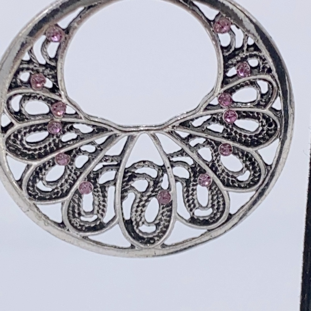 Silver Color Large Round Earrings + Pink Stones Pierced - Picture 2 of 3